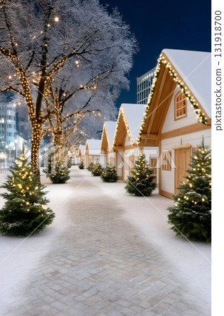 Christmas market stalls lining snowy path at night 131918700