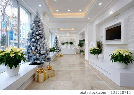 Modern lobby celebrating Christmas with elegant decorations 131918713