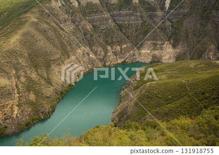 Azure water reservoir . Dagestan. Sulak or Sulakskiy canyon. .Russia. Picturesque day and gorgeous scene. Location . Wonderful image of wallpaper. Exploring the world's beauty. 131918755