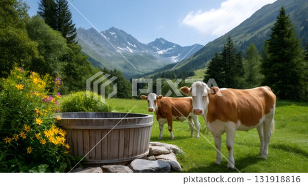 Cows grazing in green Alpine mountain pasture Cows grazing in green Alpine mountain pasture 131918816