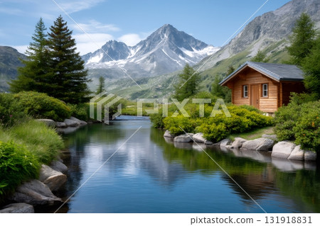Wooden mountain cabin reflecting in alpine lake 131918831