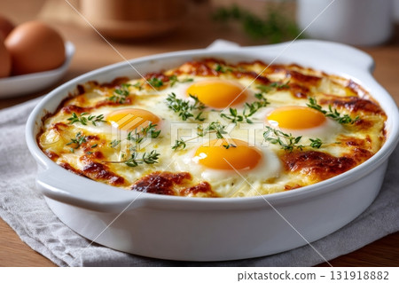 Baked eggs casserole with creamy sauce and thyme 131918882
