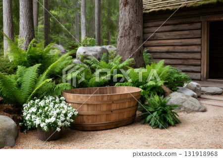 Wooden hot tub in rustic forest spa setting Wooden hot tub in rustic forest spa setting 131918968