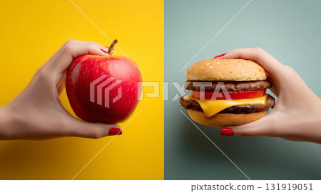 Comparison of healthy apple and indulgent hamburger held by hands 131919051