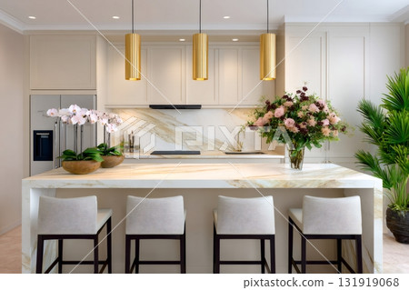 Modern luxury kitchen island with marble counter and golden pendants 131919068