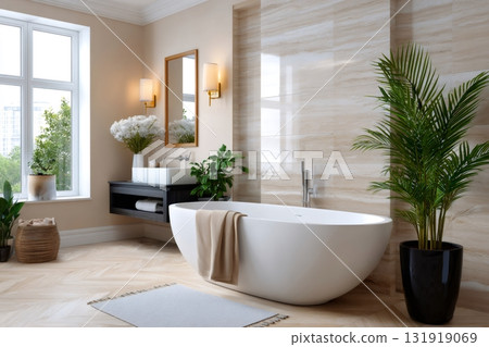 Modern bathroom interior showing luxury spa design and relaxation 131919069