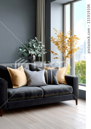Modern living room interior with contemporary dark gray sofa and golden accents 131919106