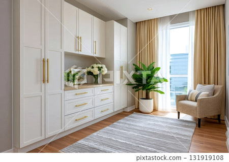 Modern home office storage cabinet wall with armchair 131919108