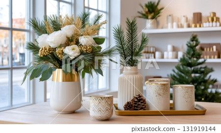 Christmas holiday floral arrangement with candles and decor 131919144
