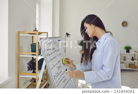 Young woman standing in office next to white board with weekly plan and tasks Young woman standing in office next to white board with weekly plan and tasks 131919161