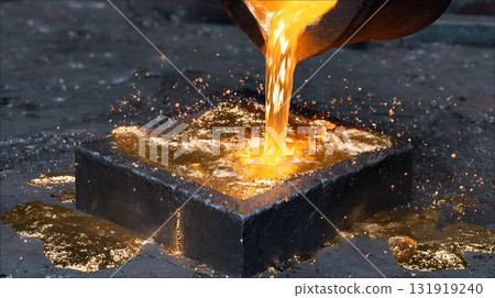 Molten Metal Pouring into Mold with Splash and Glow 131919240