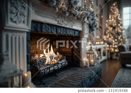 Winter Christmas interior with a fireplace and a Christmas tree in the background. 131919386