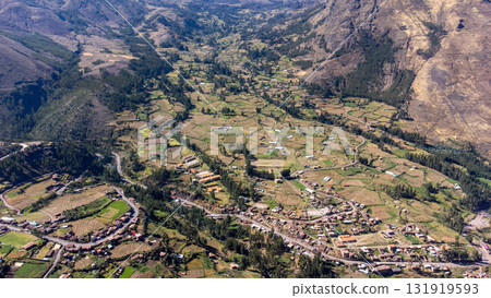 Nice view of the town of Pisac from the ruins with the same name in Cusco. 131919593