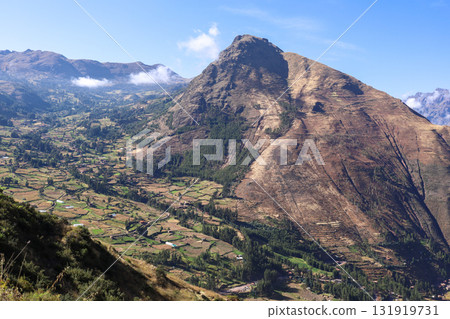 Nice view of the town of Pisac from the ruins with the same name in Cusco. Nice view of the town of Pisac from the ruins with the same name in Cusco. 131919731