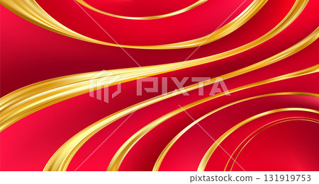 Red luxury silk bg with golden curve line decoration. Premium wave 131919753