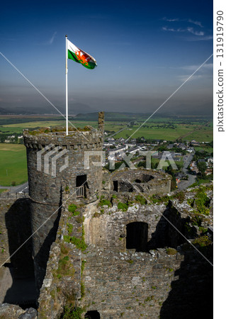 Harlech Castle And View Over Landscape With City Harlech In Gwynedd, North Wales, United Kingdom 131919790