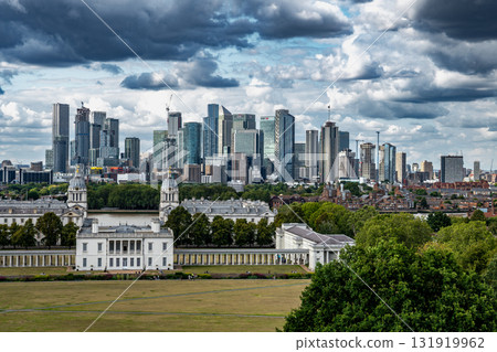 Skyline With Modern Business Buildings And Royal Naval College From The Greenwich Observatory Hill In London, United Kingdom 131919962