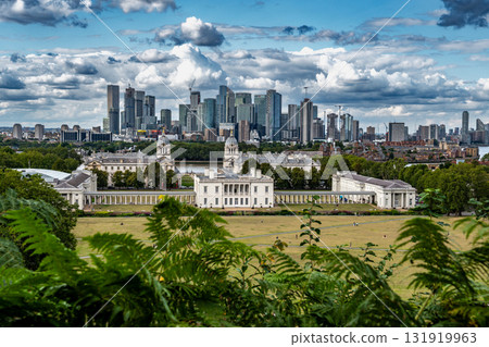 Skyline With Modern Business Buildings And Royal Naval College From The Greenwich Observatory Hill In London, United Kingdom Skyline With Modern Business Buildings And Royal Naval College From The Greenwich Observatory Hill In London, United Kingdom 131919963