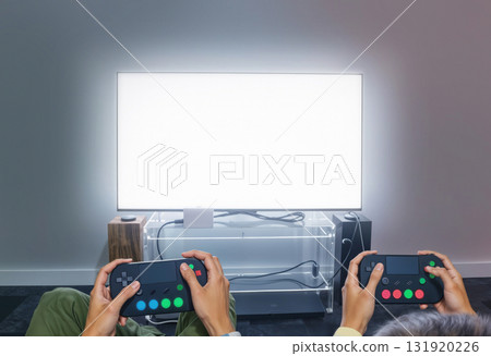 Playing video games on blank tv in room, ai generated 131920226