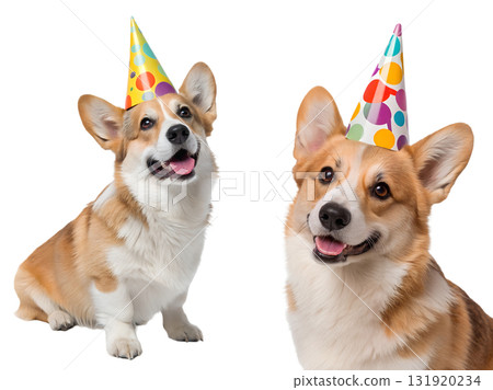Corgi wearing colorful pointed birthday cap, looking happy and festive for celebration, isolated on transparent background 131920234