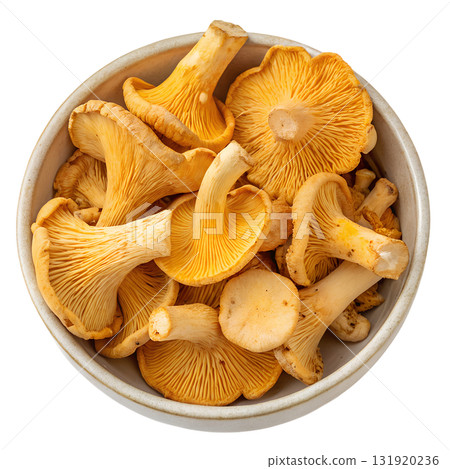 Top-down view of white bowl filled with fresh yellow chanterelle mushrooms, foraged food isolated on transparent background Top-down view of white bowl filled with fresh yellow chanterelle mushrooms, foraged food isolated on transparent background 131920236