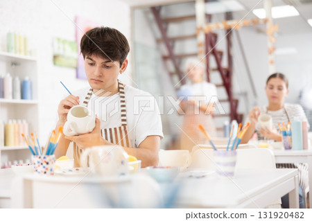 Skilled young artist painting ceramic cup in pottery workshop Skilled young artist painting ceramic cup in pottery workshop 131920482