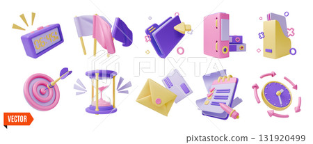 3d Productivity Concept Icon Set Cartoon Design Style Include of Digital Alarm Clock, File Holder Binder Folder with Documents, Target Goal and Hourglass . Vector illustration 3d Productivity Concept Icon Set Cartoon Design Style Include of Digital Alarm Clock, File Holder Binder Folder with Documents, Target Goal and Hourglass . Vector illustration 131920499
