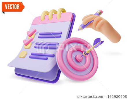 3d Target Goal, Checklist on Clipboard and Human Hand Holding Pen Concept Cartoon Design Style. Vector illustration 131920508