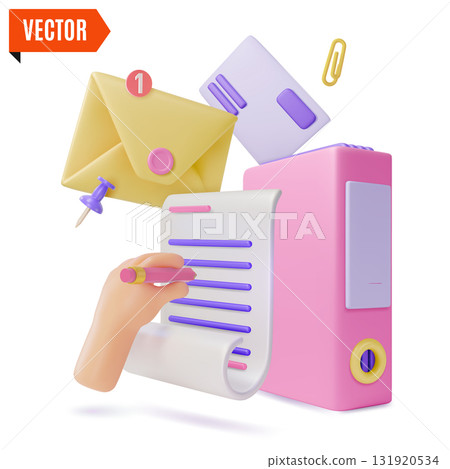 3d Mail Notification, File Holder, Document and Human Hand Holding Pen Concept Cartoon Design Style. Vector illustration 131920534