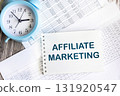 top view of an alarm clock and a notebook with the inscription "AFFILIATE MARKETING" 131920547
