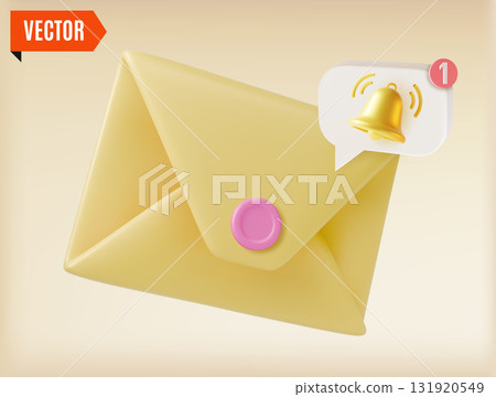 3d Envelope and Bell Mail Notification Concept Cartoon Design Style Letter by Email. Vector illustration of New Message 131920549