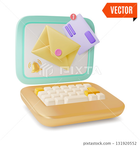 3d Color Laptop Monitor Display and Mail Notification Social Network Concept Cartoon Design Style. Vector illustration 3d Color Laptop Monitor Display and Mail Notification Social Network Concept Cartoon Design Style. Vector illustration 131920552