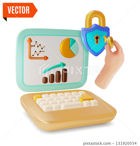 3d Hand with Padlock and Laptop with Financial Charts Data Security Protection Concept Cartoon Design Style. Vector illustration 131920554