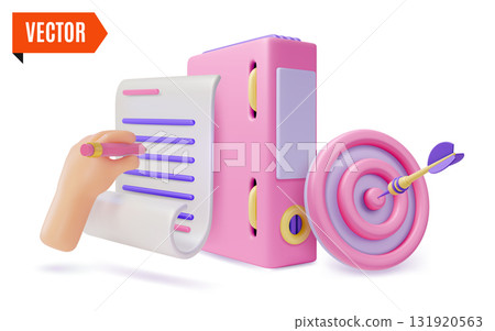 3d Target Goal, File Holder, Document and Human Hand Holding Pen Concept Cartoon Design Style. Vector illustration 131920563