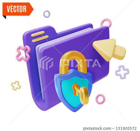 3d Color Folder Interface Element and Padlock Data Security Concept Cartoon Design Style Concept. Vector illustration 131920572