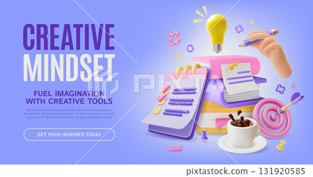 3d Creative Mindset Fuel Imagination with Creative Tools Concept Ads Banner Poster Card Template. Vector illustration 3d Creative Mindset Fuel Imagination with Creative Tools Concept Ads Banner Poster Card Template. Vector illustration 131920585