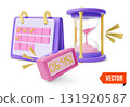 3d Hourglass with Sand, Led Digital Alarm Clock and Calendar Planning Concept Cartoon Design Style. Vector illustration 131920587