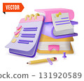 3d Pile of Books, Paper on Clipboard and Pencil Concept Cartoon Design Style. Vector illustration 131920589