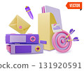 3d Ring Binder Folder with Documents, Dart Hit and Mail Envelope Office Concept Cartoon Design Style. Vector illustration 131920591