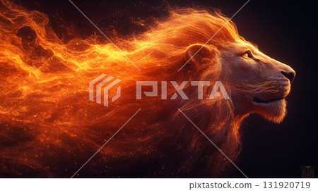 Lion profile with fiery mane against dark background, power and strength concept Lion profile with fiery mane against dark background, power and strength concept 131920719