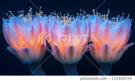 Luminous flower petals glowing with magical light against dark background, nature abstract 131920724