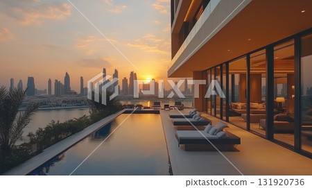 Luxury infinity pool terrace overlooking urban skyline at sunset, offering panoramic views of modern skyscrapers and waterfront for high-end hospitality concept 131920736