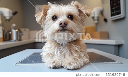 Maltese terrier dog resting on laptop keyboard in modern kitchen setting. Remote work companion pet showing attentive expression Maltese terrier dog resting on laptop keyboard in modern kitchen setting. Remote work companion pet showing attentive expression 131920746