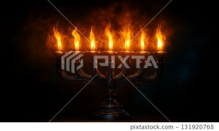 Menorah candles burning bright against dark background, traditional celebration symbol Menorah candles burning bright against dark background, traditional celebration symbol 131920768