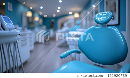 Modern dental office interior with blue treatment chair and advanced equipment, representing professional healthcare environment 131920789