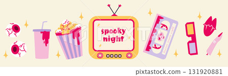 Cute horizontal illustration of a horror movie TV, popcorn, drink, vhs. Halloween 131920881