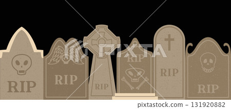 Set of Headstone, Tombstone, RIP Gravestones for Halloween, cemetery or tomb, funeral elements concept. Seamless border. 131920882