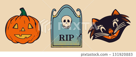 Retro halloween illustration with cat head, grave and pumpkin. Vintage spooky art with creepy gothic atmosphere for october design. 131920883