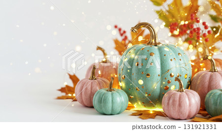 Elegant pastel pumpkins with gold accents, glowing lights, and autumn leaves. Chic fall and Thanksgiving background. 131921331