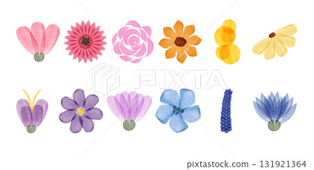 A collection of twelve colorful floral illustrations are rendered in watercolor style. Flowers have shades of pink, yellow, orange, blue and purple. 131921364